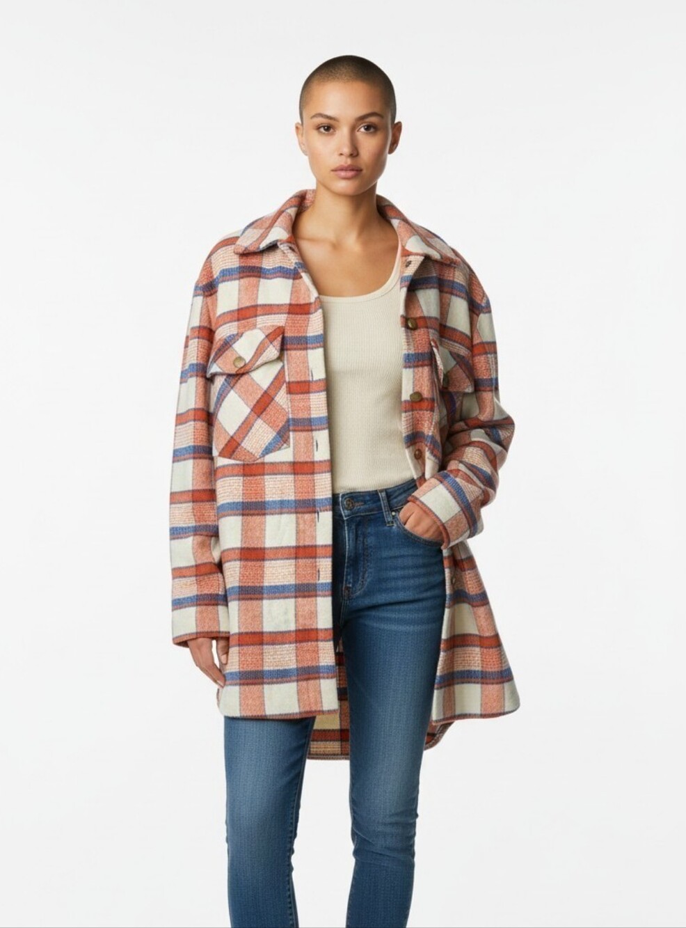 Hutch x Anthropologie Donna Plaid Shirt Jacket Shacket Women's Sz S Orange Blue